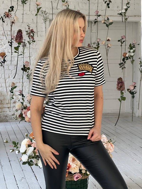 CROWN AND RED LIPS striped T-shirt