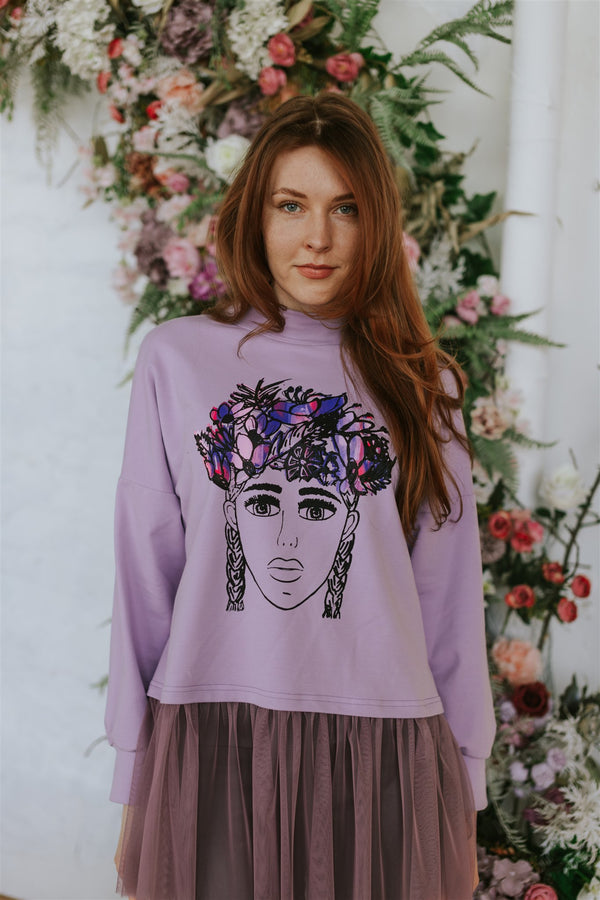 SWEATER WITH TULLE. LAVANDER FLOWER