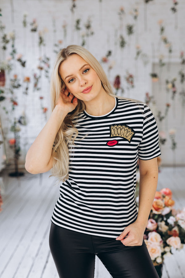 CROWN AND RED LIPS striped T-shirt