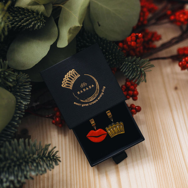 Earrings Golden Crown & Red Lips