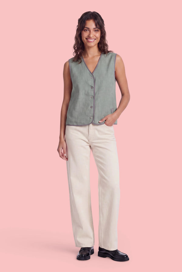 Women's Linen Vest with Hand-Printed Back Design