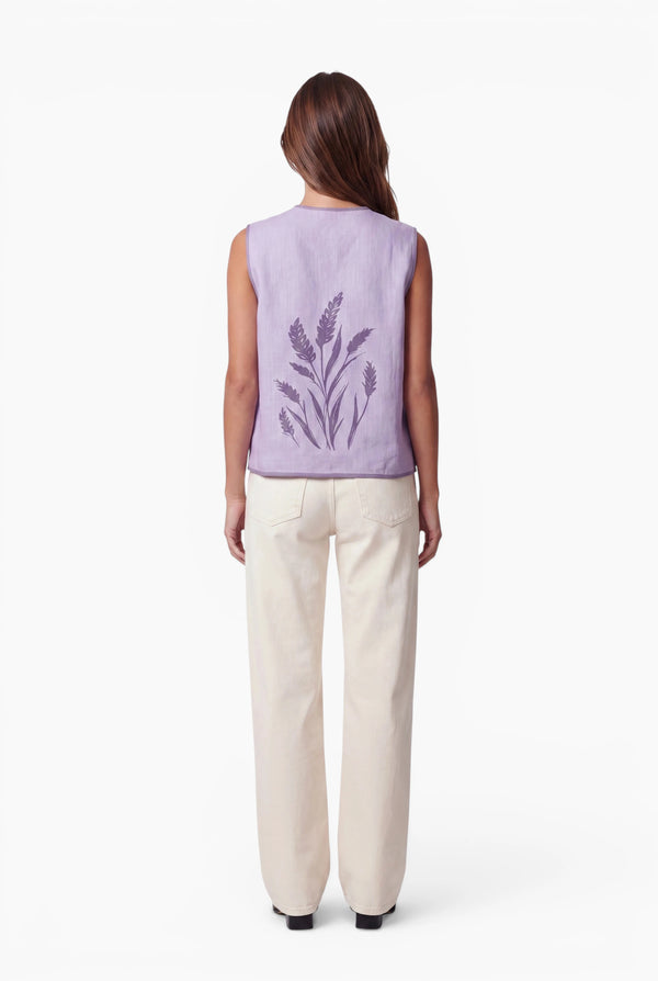 Women's Linen Vest with Hand-Printed Back Design