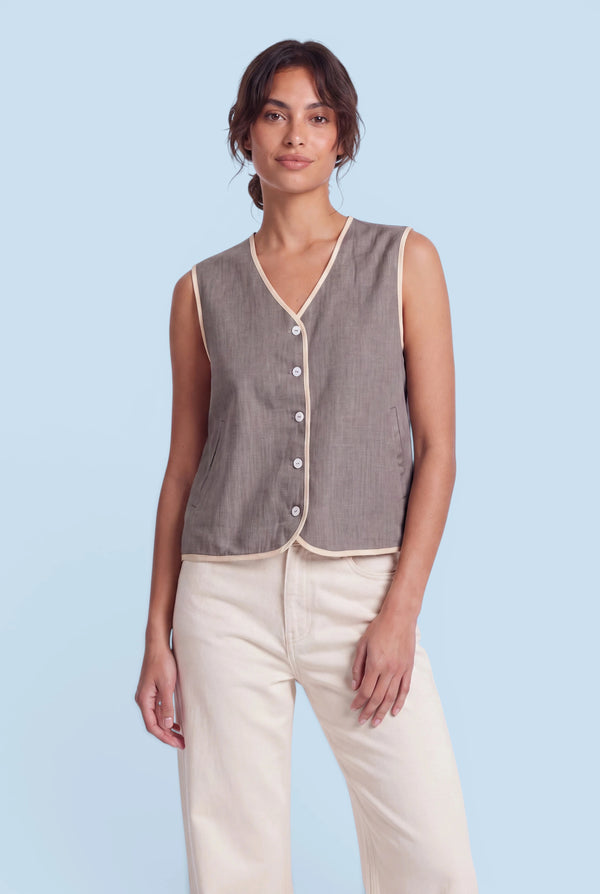 Women's Linen Vest with Hand-Printed Back Design