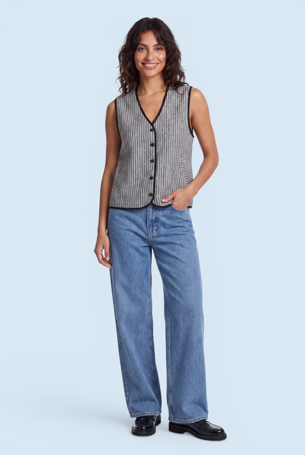 Striped Linen Vest with Pockets