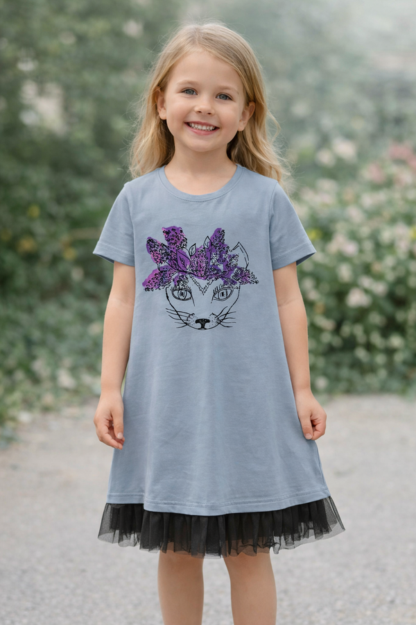 Girls Dress Floral Cat
