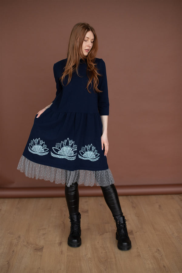 LOTUS gathered waist dress, 3/4 sleeves