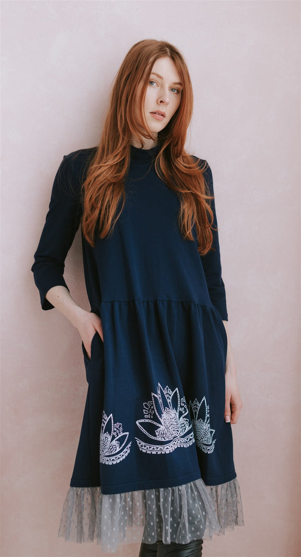 LOTUS gathered waist dress, 3/4 sleeves