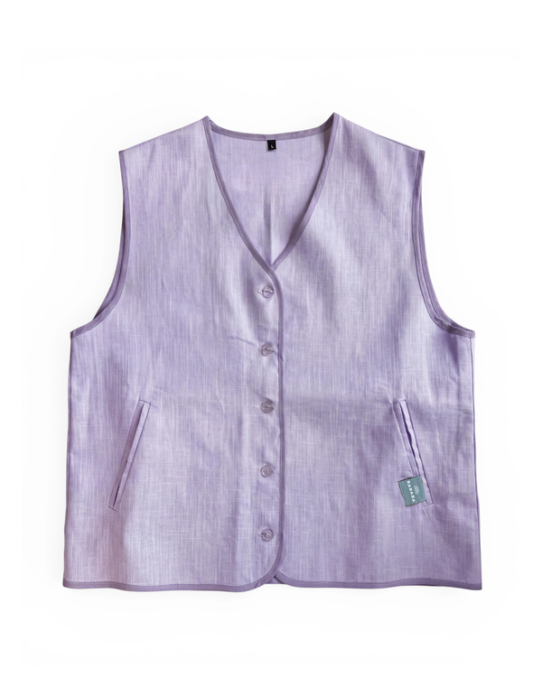 Women's Linen Vest with Hand-Printed Back Design