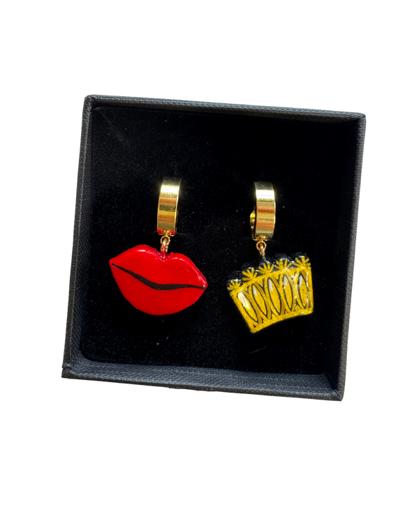 Earrings Golden Crown & Red Lips
