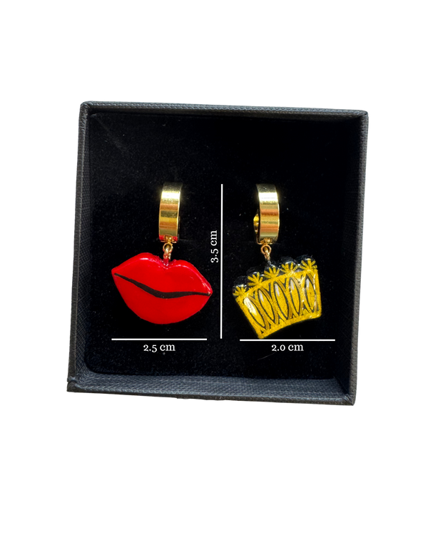 Earrings Golden Crown & Red Lips