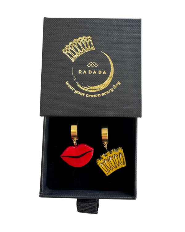 Earrings Golden Crown & Red Lips