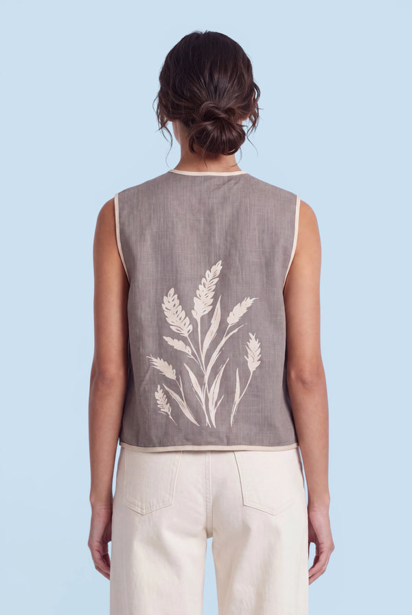 Women's Linen Vest with Hand-Printed Back Design