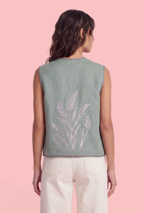 Women's Linen Vest with Hand-Printed Back Design