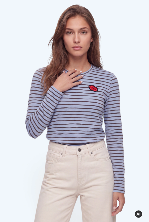 Long Sleeve Striped Top Red Lips Light blue