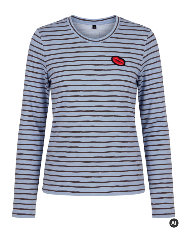 Long Sleeve Striped Top Red Lips Light blue