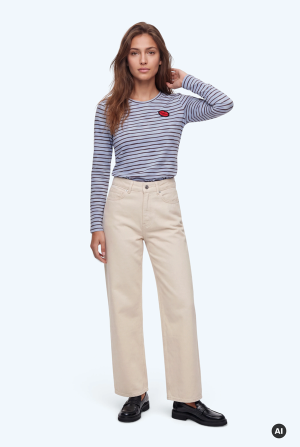 Long Sleeve Striped Top Red Lips Light blue