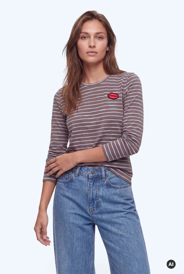 Long Sleeve Striped Top Red Lips brown