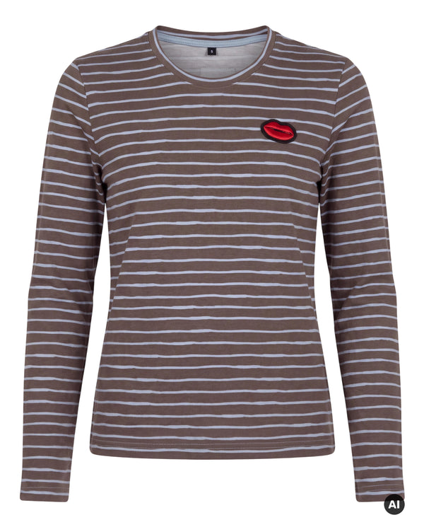 Long Sleeve Striped Top Red Lips brown