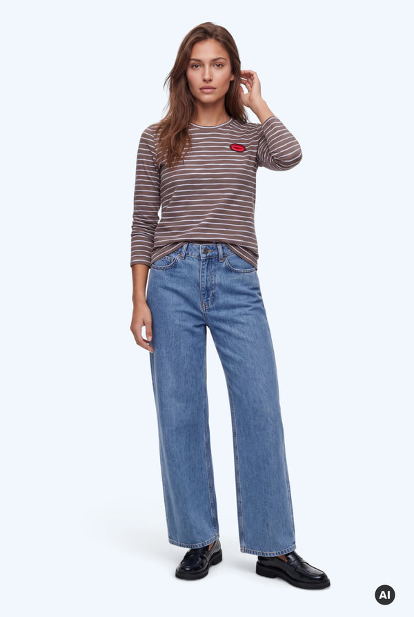 Long Sleeve Striped Top Red Lips brown
