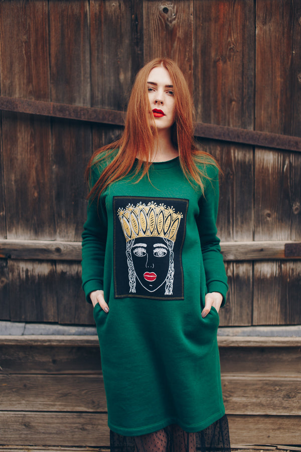 GREEN PAITING SWEATSHIRT DRESS