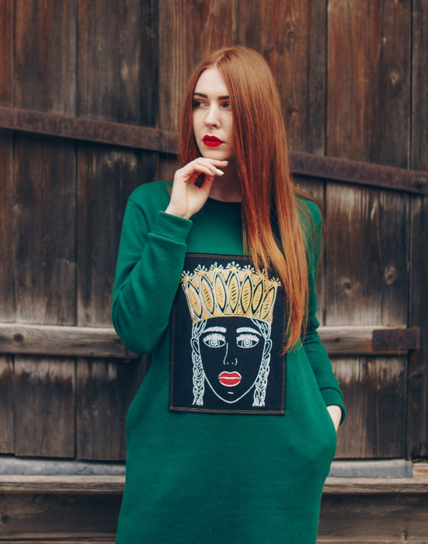 GREEN PAITING SWEATSHIRT DRESS