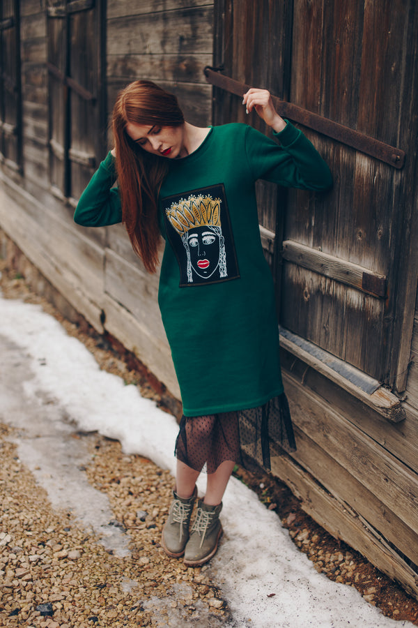 GREEN PAITING SWEATSHIRT DRESS