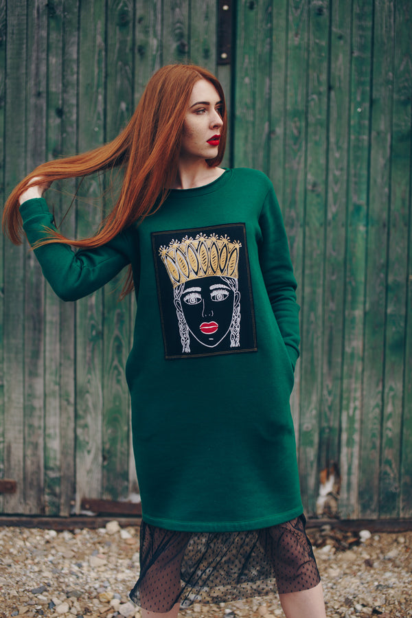 GREEN PAITING SWEATSHIRT DRESS