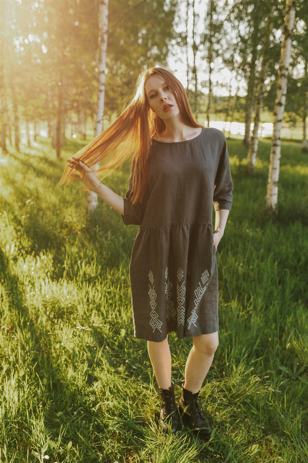 RHOMBUS LINEN DRESS 3/4 SLEEVE