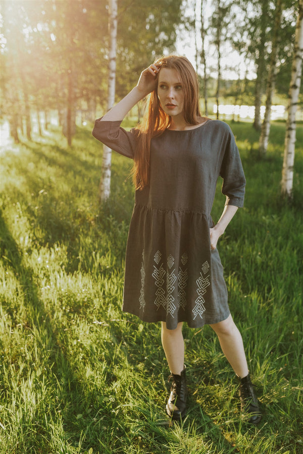 RHOMBUS LINEN DRESS 3/4 SLEEVE