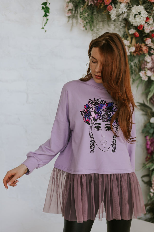 SWEATER WITH TULLE. LAVANDER FLOWER