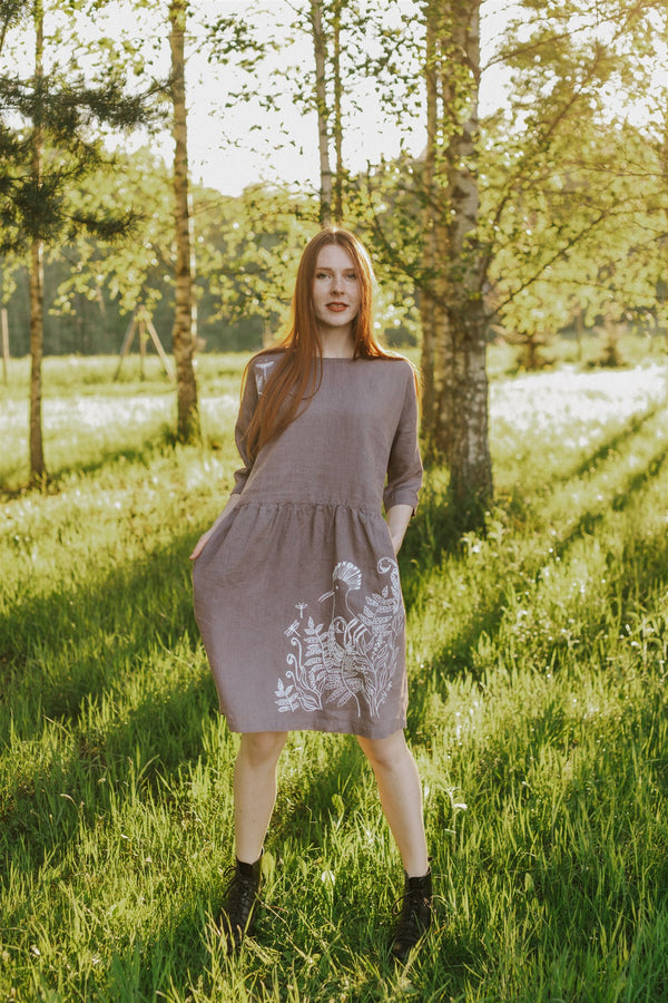 BIRD LINEN DRESS 3/4 SLEEVE