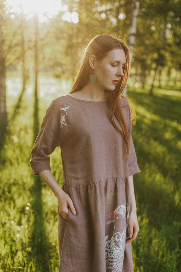 BIRD LINEN DRESS 3/4 SLEEVE
