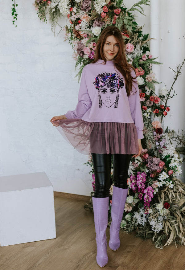 SWEATER WITH TULLE. LAVANDER FLOWER