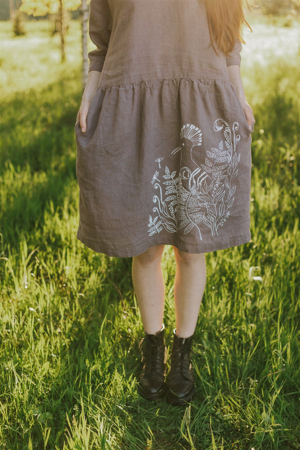 BIRD LINEN DRESS 3/4 SLEEVE